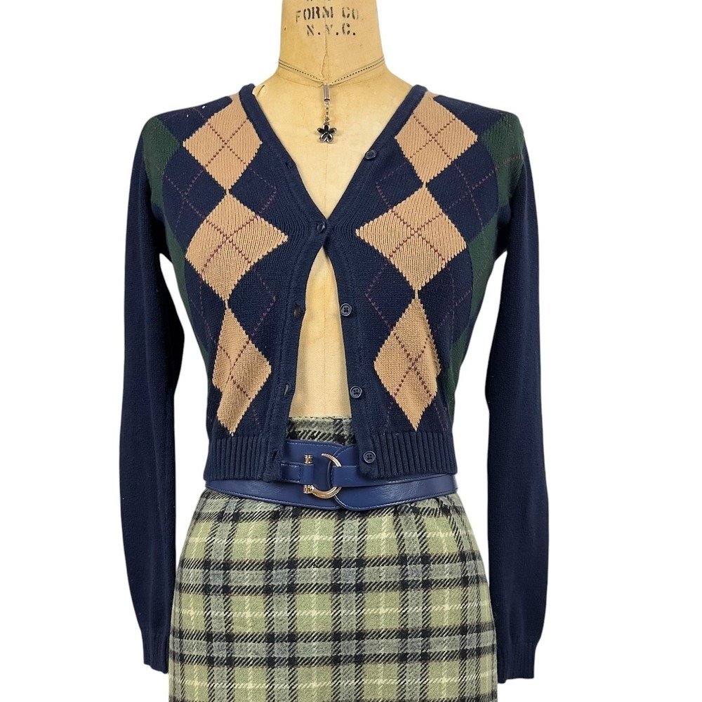 Brandy Melville Preppy Argyle Cardigan Navy Heritage Dark Academia Size S